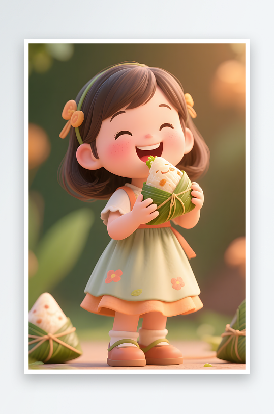吃粽子传统端午节儿童吃粽子模型插画-众图网