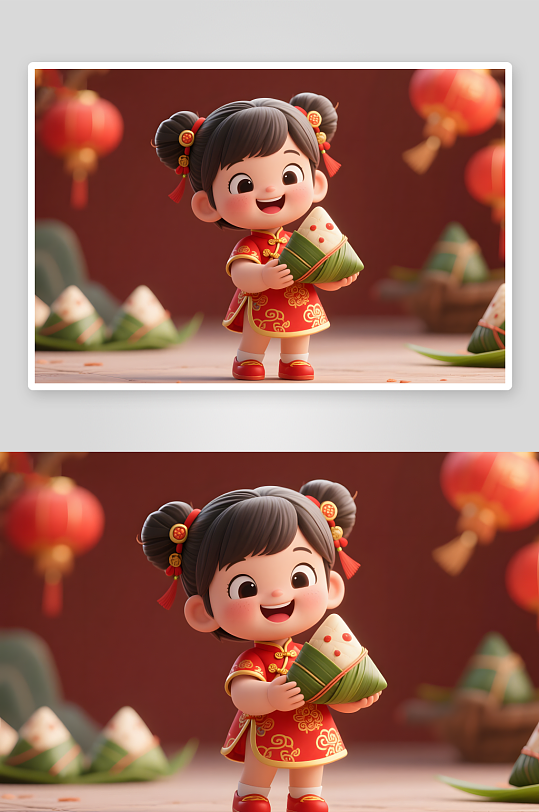 国潮红色端午节儿童吃粽子模型插画-众图网
