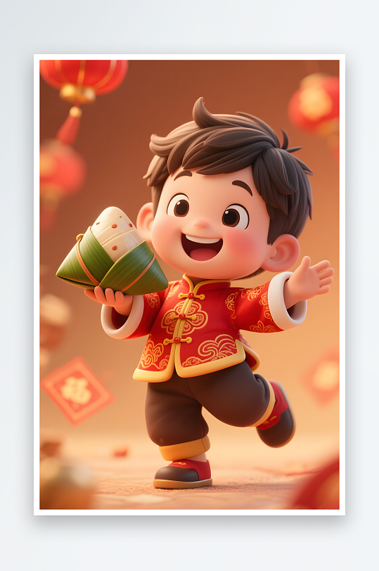 国潮红色端午节儿童吃粽子模型插画-众图网