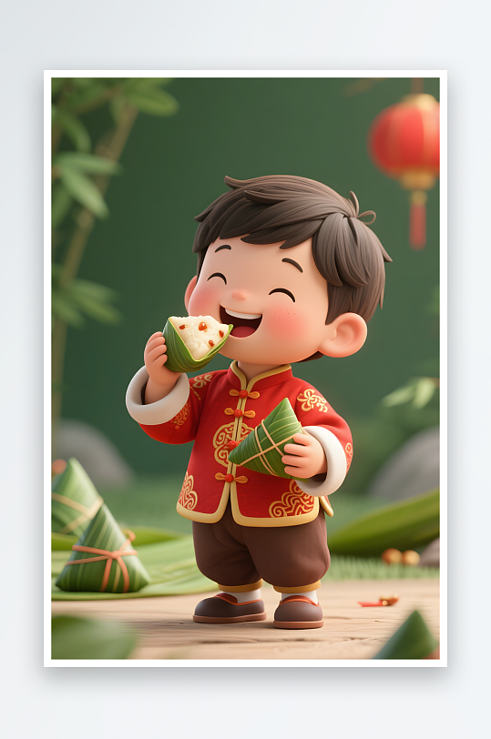 国潮红色端午节儿童吃粽子模型插画-众图网