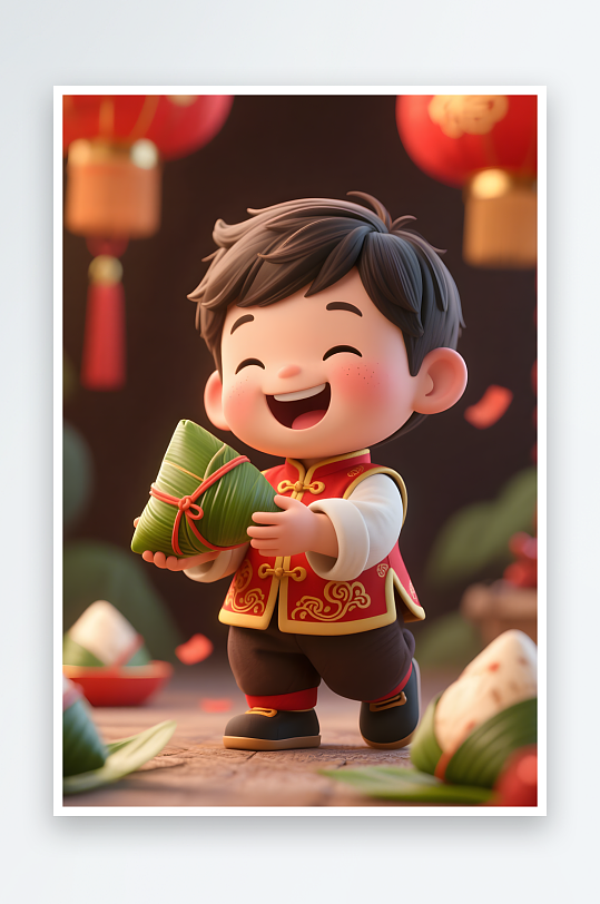 国潮红色端午节儿童吃粽子模型插画-众图网