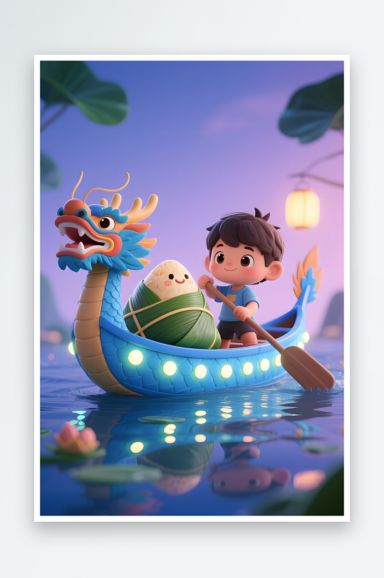 国潮红色端午节儿童吃粽子模型插画-众图网