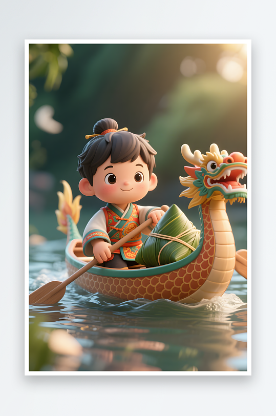 灯会赛龙舟端午节儿童吃粽子模型插画-众图网