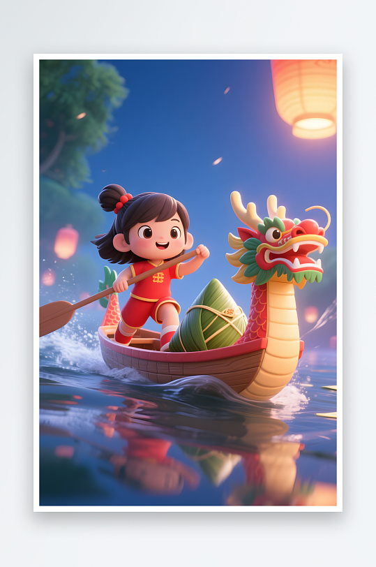 灯会赛龙舟端午节儿童吃粽子模型插画-众图网