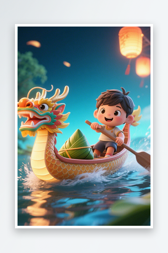 灯会赛龙舟端午节儿童吃粽子模型插画-众图网