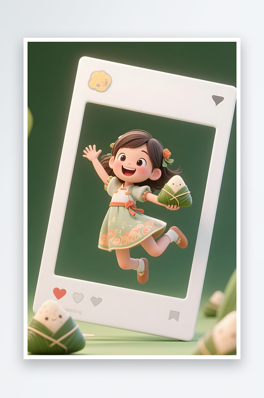 传统节日留言板端午节儿童吃粽子模型插画-众图网