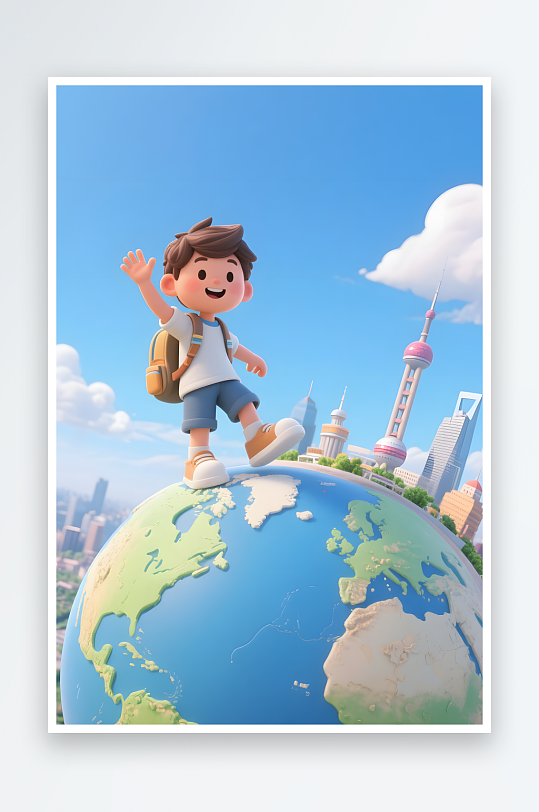 旅行行李箱六一儿童节旅行地球模型插画-众图网