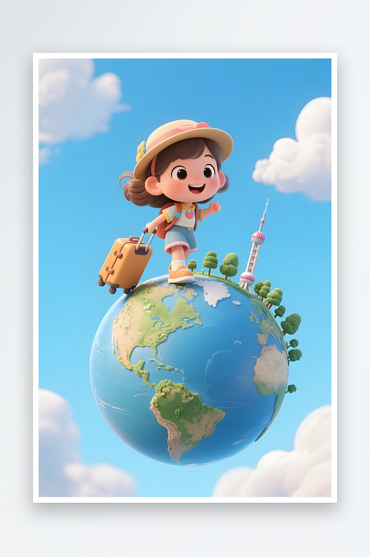 旅行行李箱六一儿童节旅行地球模型插画-众图网