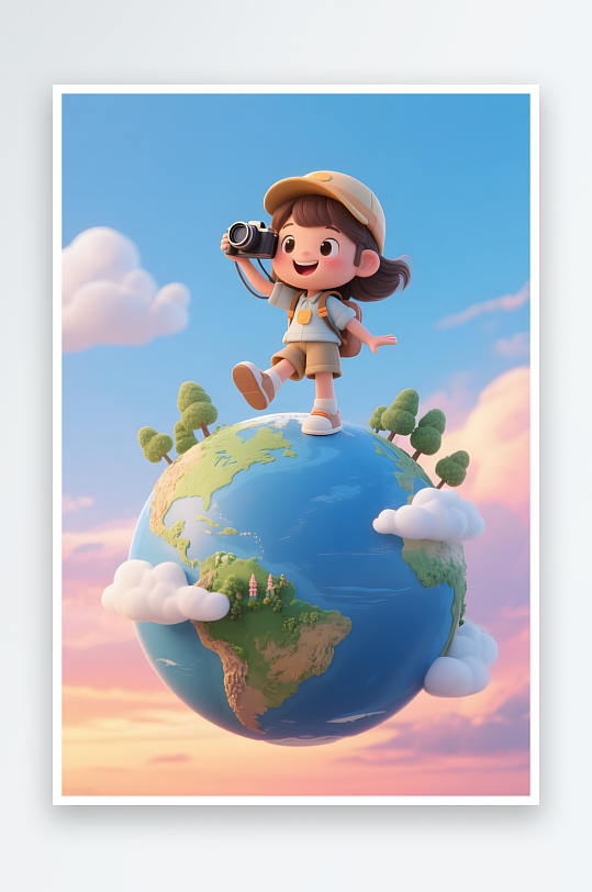 著名景点自拍六一儿童节旅行地球模型插画-众图网