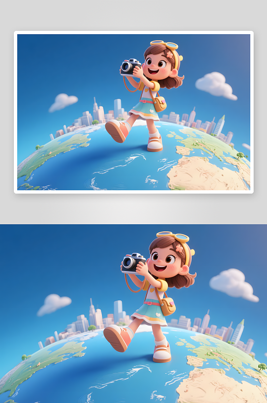 著名景点自拍六一儿童节旅行旅游地球模型插画-众图网