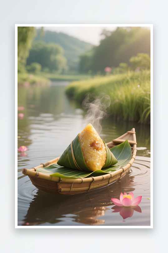 端午節(jié)創(chuàng)意粽子竹葉賽龍舟場景背景圖插畫