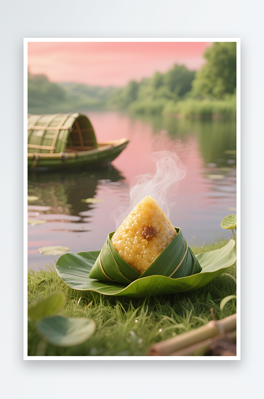端午節(jié)創(chuàng)意粽子竹葉賽龍舟場景背景圖插畫