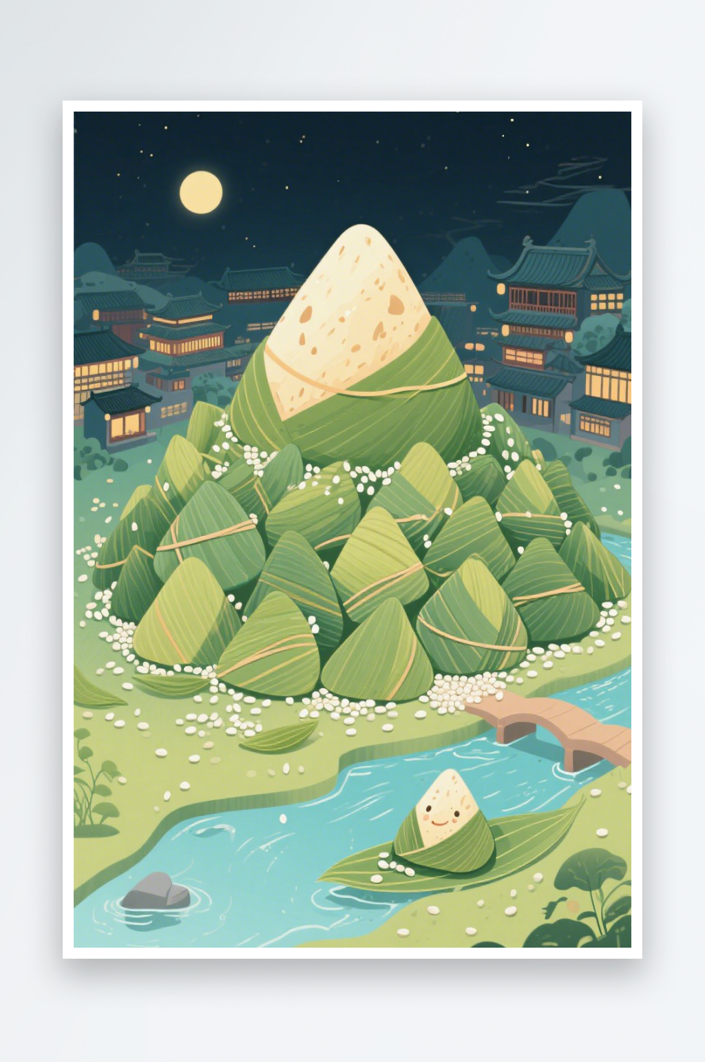 灯会古城端午节创意粽子场景背景图插画素材