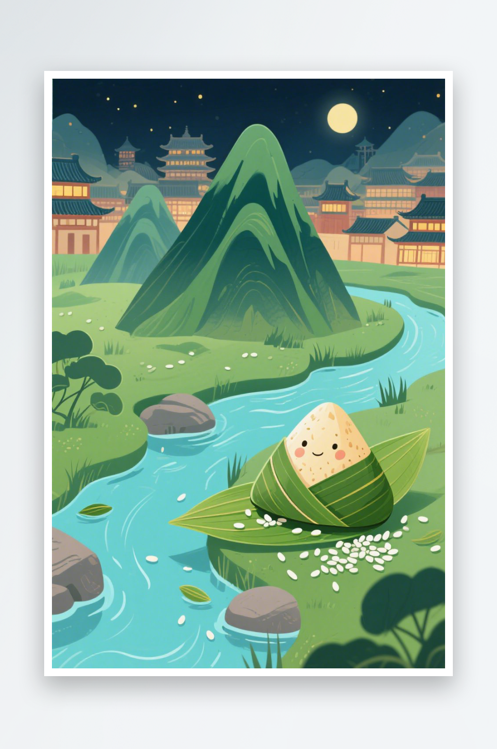 灯会古城端午节创意粽子场景背景图插画素材