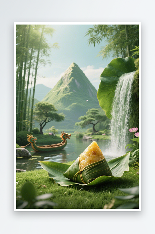 端午節(jié)創(chuàng)意粽子竹葉賽龍舟場景背景圖插畫