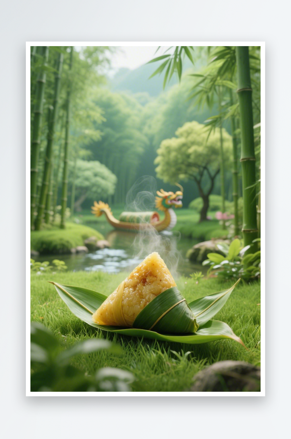 端午節(jié)創(chuàng)意粽子竹葉賽龍舟場(chǎng)景背景圖插畫素材