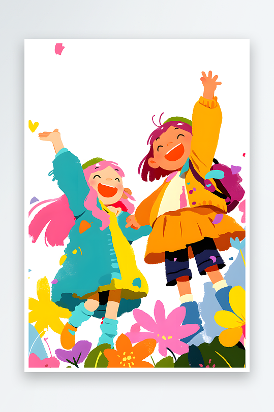 六一儿童节花朵女生扁平化涂鸦风小孩插画-众图网