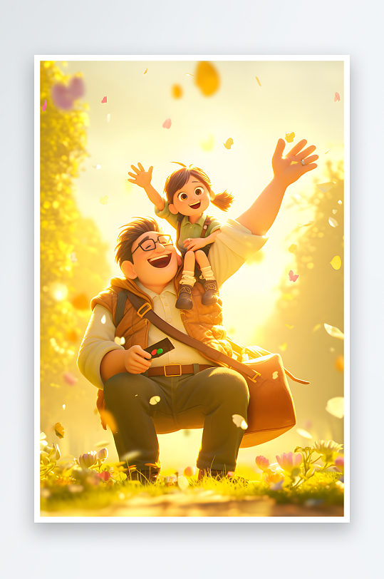 AI温馨父亲节爸爸与孩子抱孩子模型插画-众图网