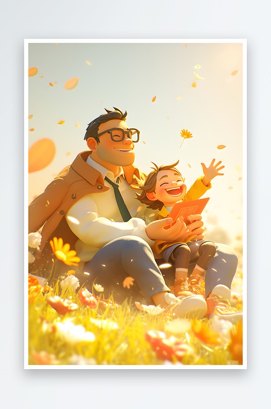 AI温馨父亲节爸爸与孩子抱孩子模型插画-众图网