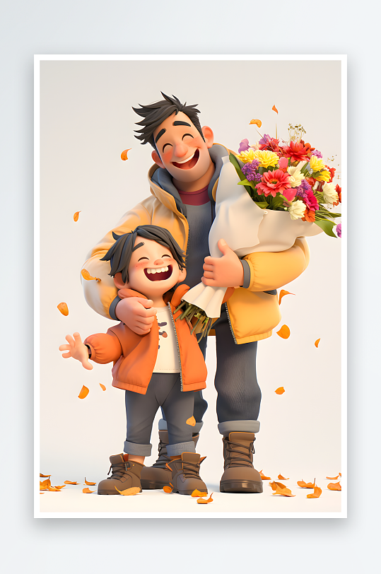 温馨送花束父亲节爸爸与孩子模型插画-众图网