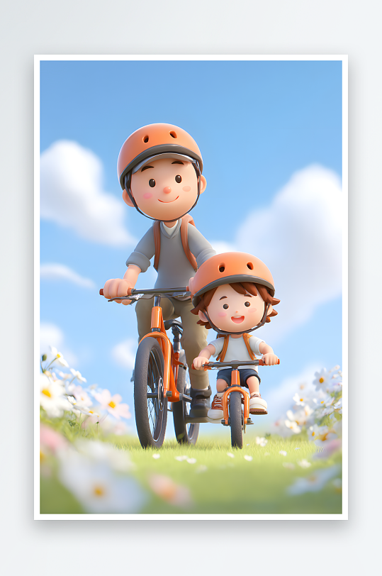 温馨送花束父亲节爸爸与孩子模型插画-众图网