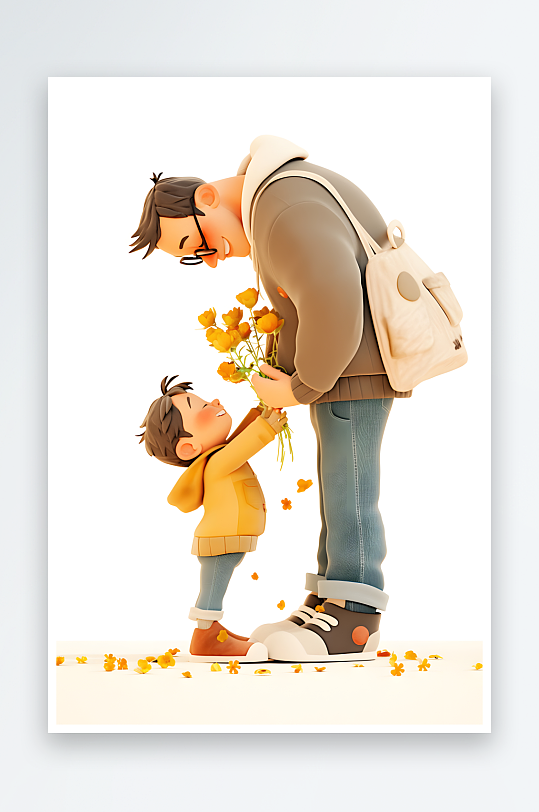 感恩送鲜花父亲节爸爸与孩子模型插画-众图网