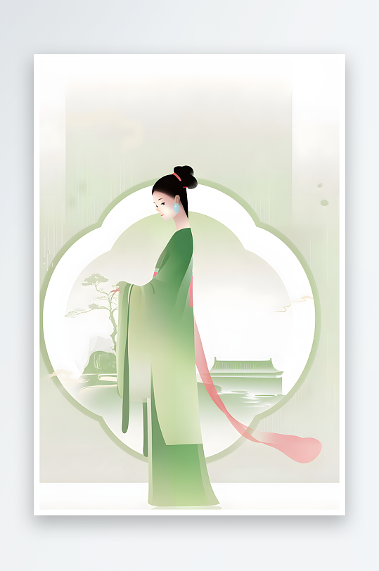 扁平风扁平化渐变色块国潮汉服古风人物插画