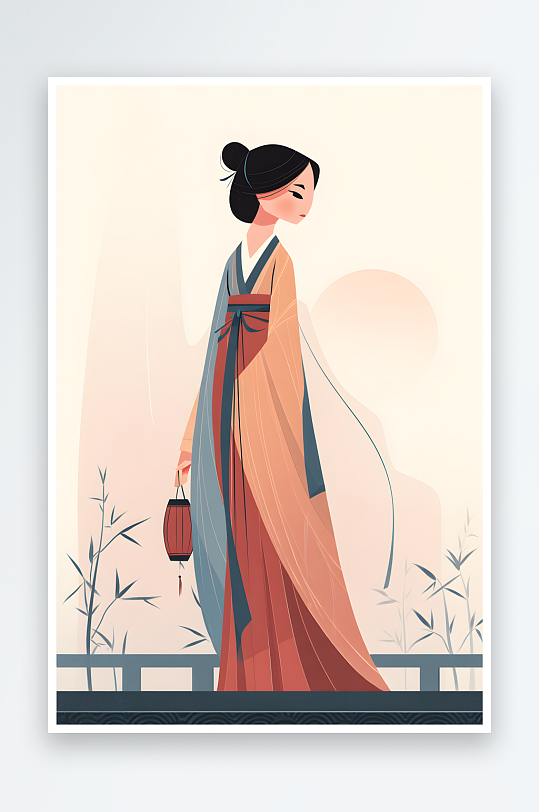 扁平风扁平化渐变色块国潮汉服古风人物插画