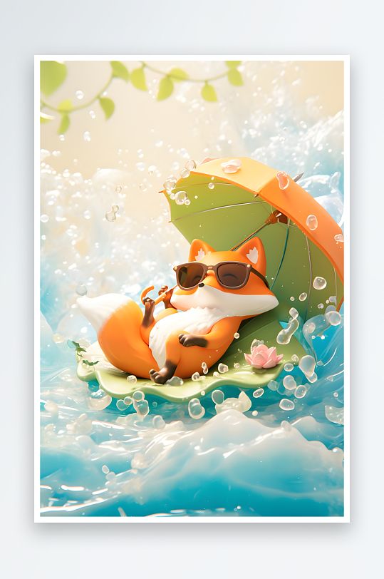 小暑大暑夏至夏季卡通荷叶狐狸鸭子动物模型插画-众图网