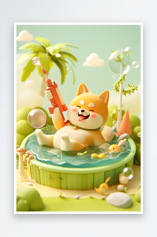 小暑大暑夏至夏季卡通海邊小狗動(dòng)物模型插畫