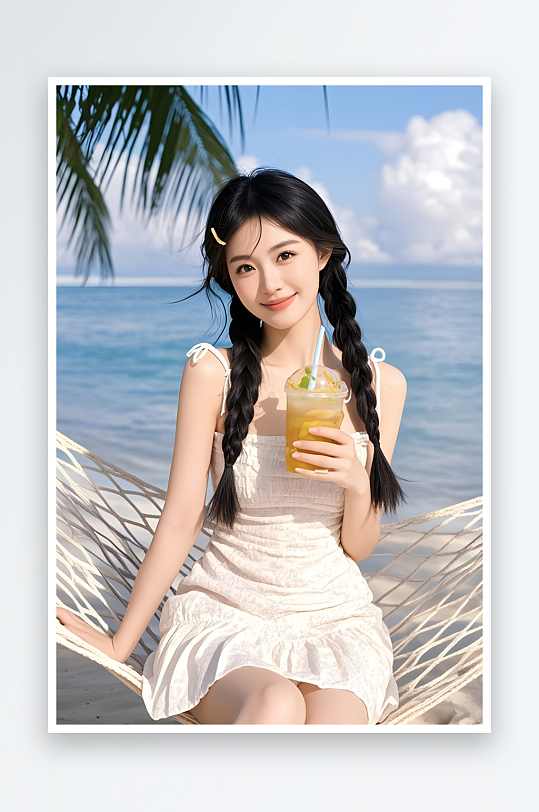 夏季大暑小暑海滨清爽饮料美女人物摄影图