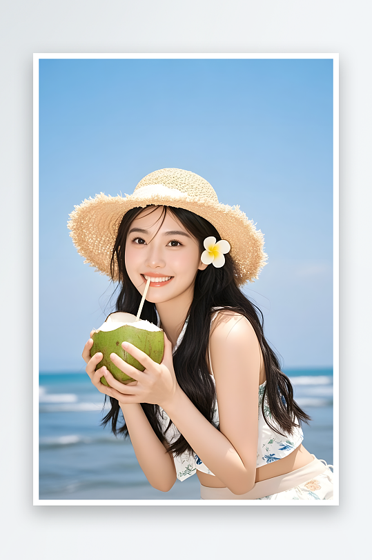 夏季大暑小暑海滨清爽椰子汁美女医美人物摄影图-众图网