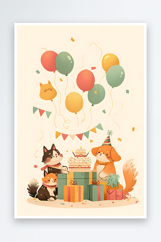蛋糕气球宠物小狗小猫生日派对插画