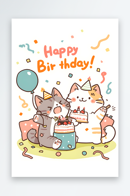 蛋糕气球宠物小狗小猫生日派对插画
