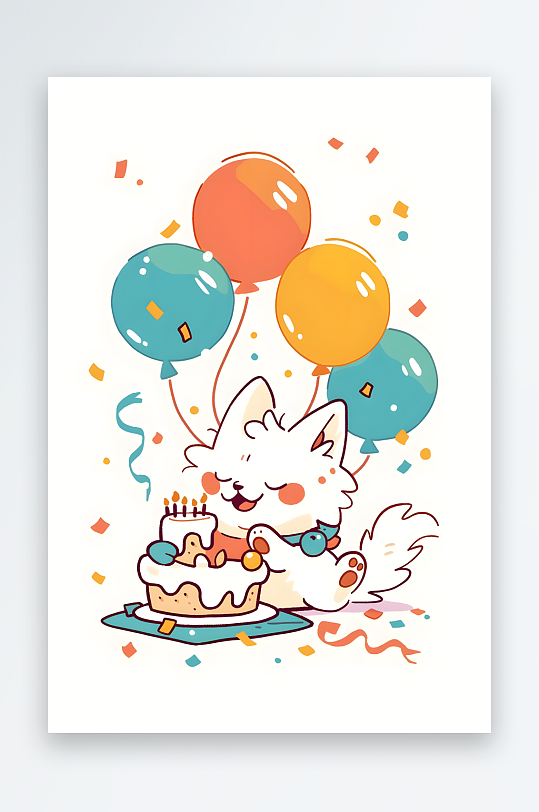 蛋糕气球宠物小狗小猫生日派对插画