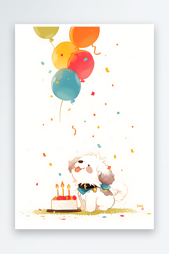 蛋糕气球宠物小狗小猫生日派对插画