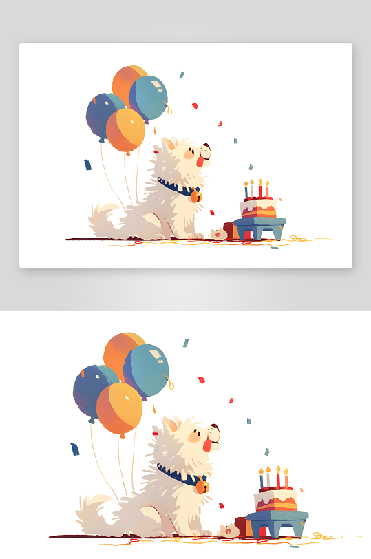 蛋糕气球宠物小狗小猫生日派对插画