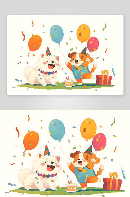 蛋糕气球宠物小狗小猫生日派对插画