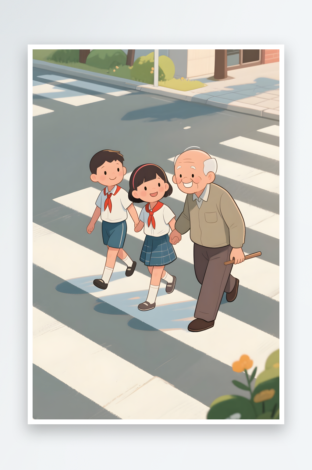 少先隊(duì)員扶老奶奶爺兒童小學(xué)生愛(ài)國(guó)教育插畫(huà)素材