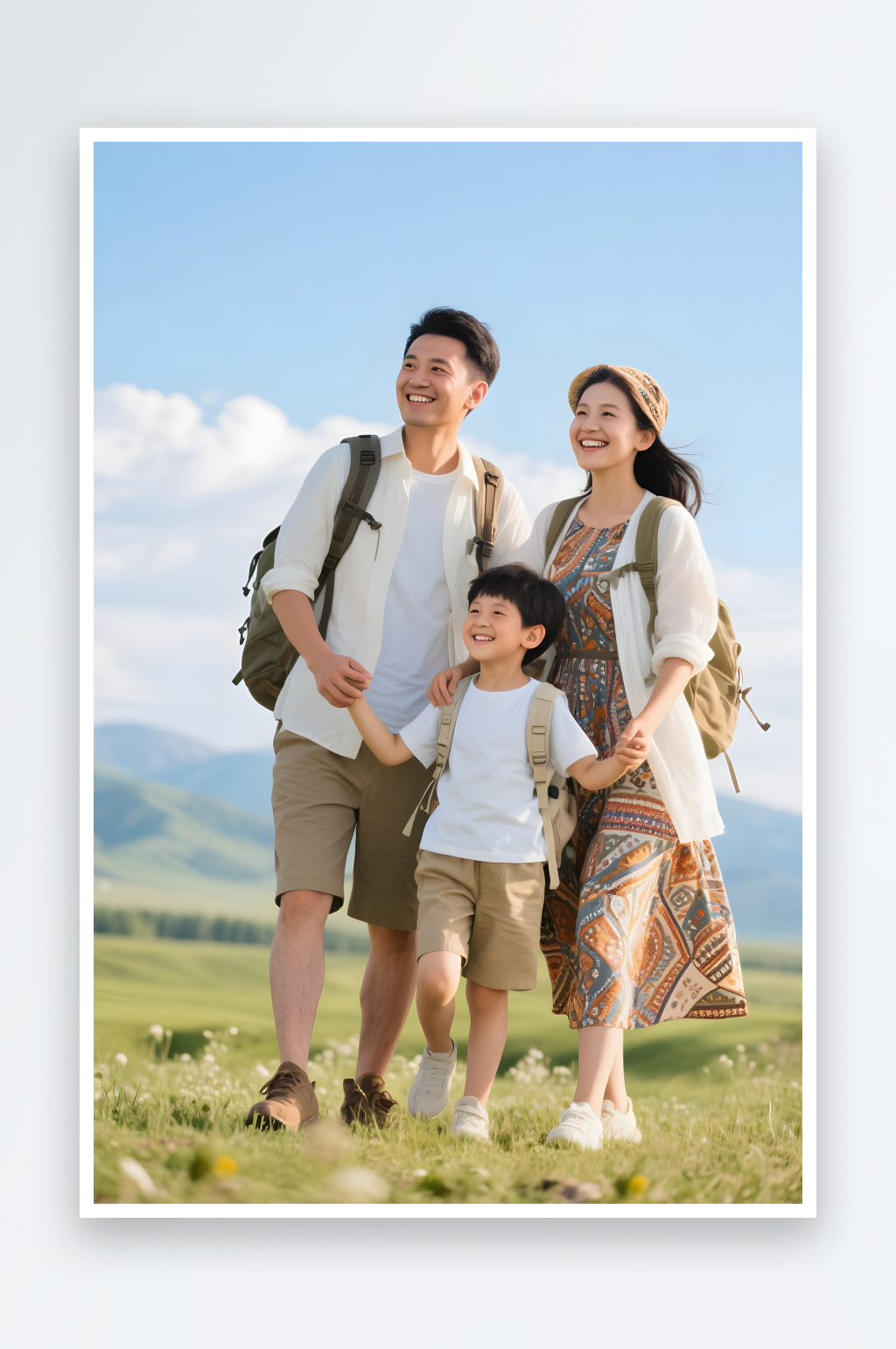 春季夏季一家人親子旅游草原研學(xué)人物攝影圖素材