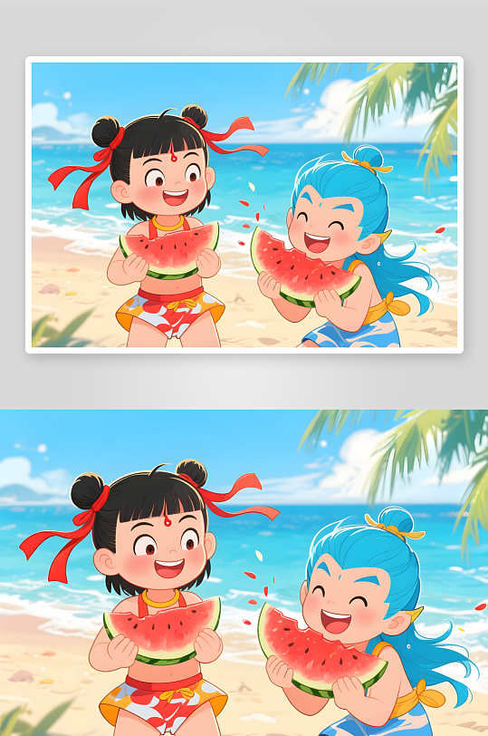 哪吒敖丙骑海豚夏季暑期卡通人物插画