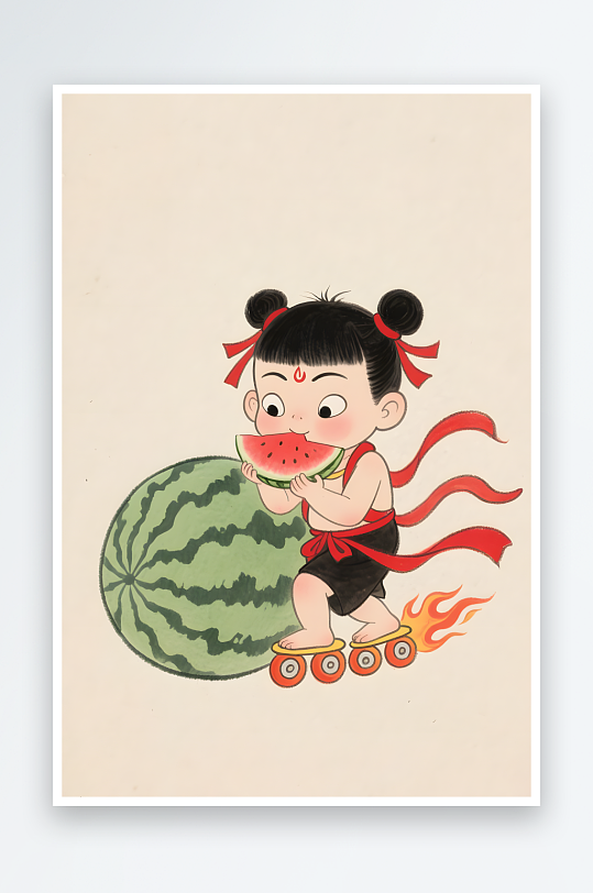 哪吒敖丙骑海豚夏季暑期卡通人物插画-众图网