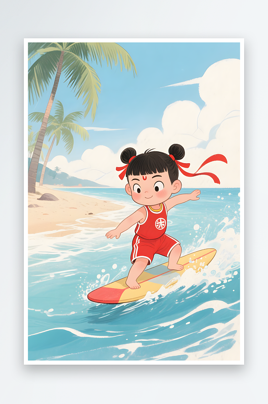 哪吒敖丙骑海豚夏季暑期卡通人物插画-众图网