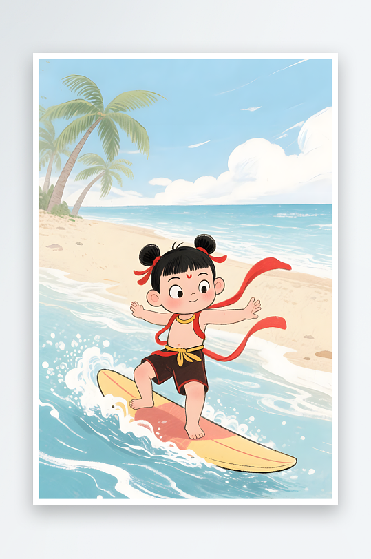 哪吒敖丙吃西瓜夏季暑期卡通人物插画-众图网