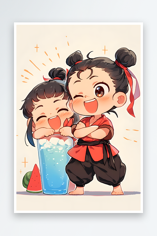 哪吒敖丙吃西瓜饮料夏季暑期卡通人物插画-众图网