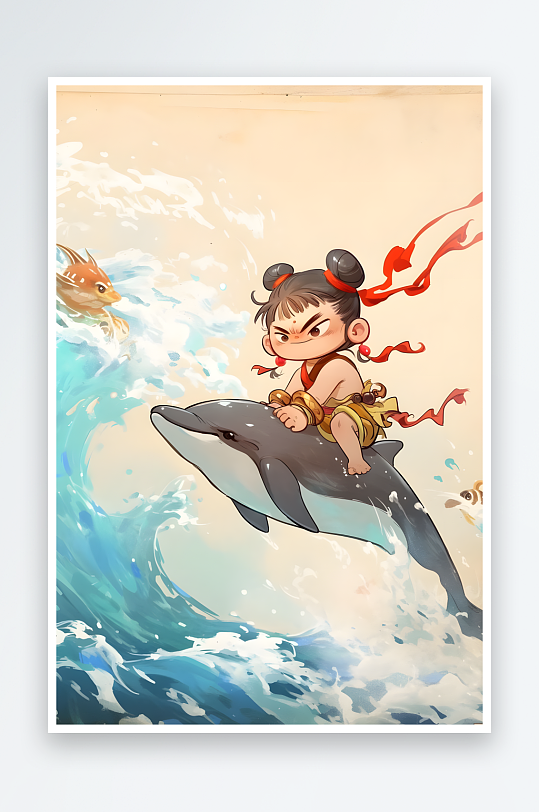 哪吒敖丙骑海豚小鱼夏季暑期卡通人物插画-众图网