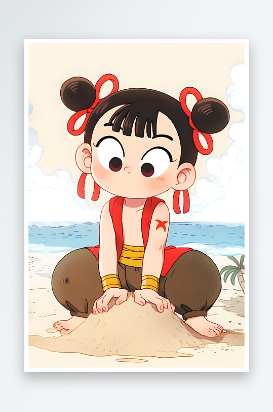 哪吒敖丙堆沙子夏季暑期卡通人物插画-众图网