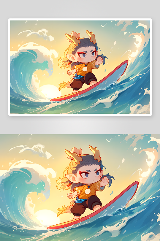 哪吒敖丙冲浪冲浪板夏季暑期卡通人物插画-众图网