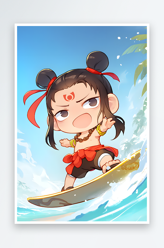 哪吒敖丙冲浪冲浪板夏季暑期卡通人物插画-众图网
