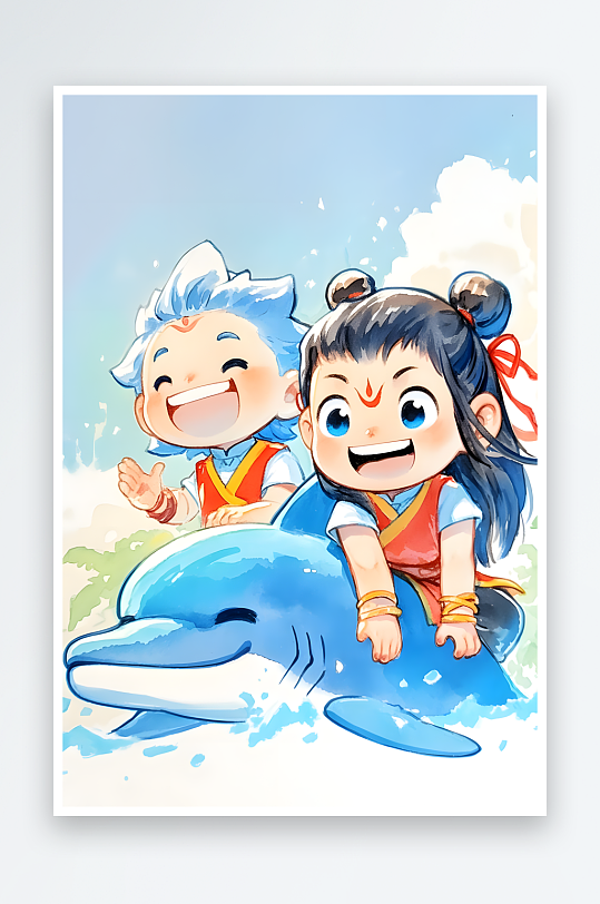 哪吒敖丙冰淇淋游泳圈夏季暑期卡通人物插画-众图网